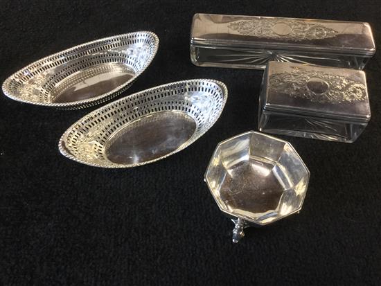 2 silver topped toilet jars, pair of bon bon baskets and a Comyns salt